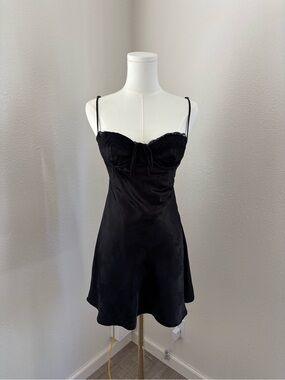 Little Lie Black Satin jacquard lace-trim mini slip dress (S)